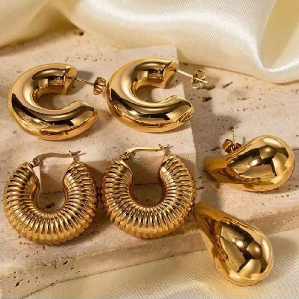 New 3-pairs Fashion Stainless Steel Large Size Jewelry Yellow Gold